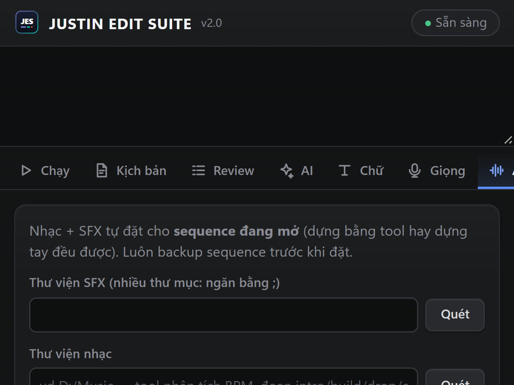 Panel JES, tab Âm thanh: đặt nhạc và SFX cho sequence đang mở