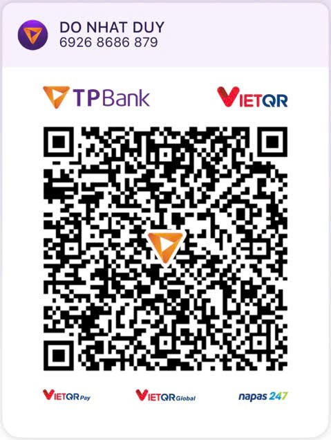 Mã VietQR chuyển khoản TPBank, chủ tài khoản DO NHAT DUY